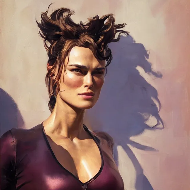 Prompt: greg manchess portrait painting of confident keira knightley as beautiful thick female bodybuilder zarya from overwatch, medium shot, asymmetrical, profile picture, organic painting, sunny day, matte painting, bold shapes, hard edges, street art, trending on artstation, by huang guangjian and gil elvgren and sachin teng