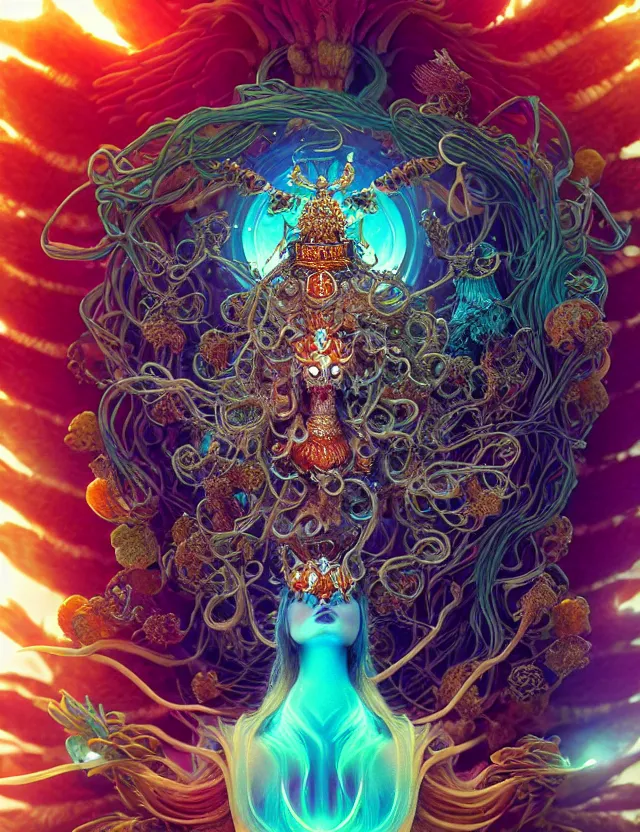 Image similar to goddess phoenix macro close - up portrait with crown made of ram skull. phoenix, betta fish, jellyfish, bioluminiscent, plasma, wind, creature, super intricate ornaments artwork by tooth wu and wlop and beeple and greg rutkowski