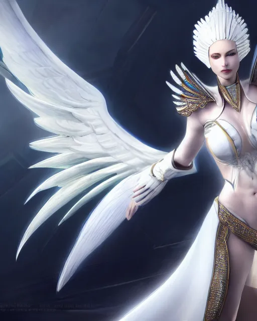 Image similar to perfect white haired egyptian goddess wearing white dove wings, warframe armor, regal, attractive, ornate, sultry, beautiful, charlize theron, half asian, pretty face, blue eyes, detailed, scifi platform, 4 k, ultra realistic, epic lighting, cinematic, masterpiece, art by akihito tsukushi, voidstar, trending on artstation