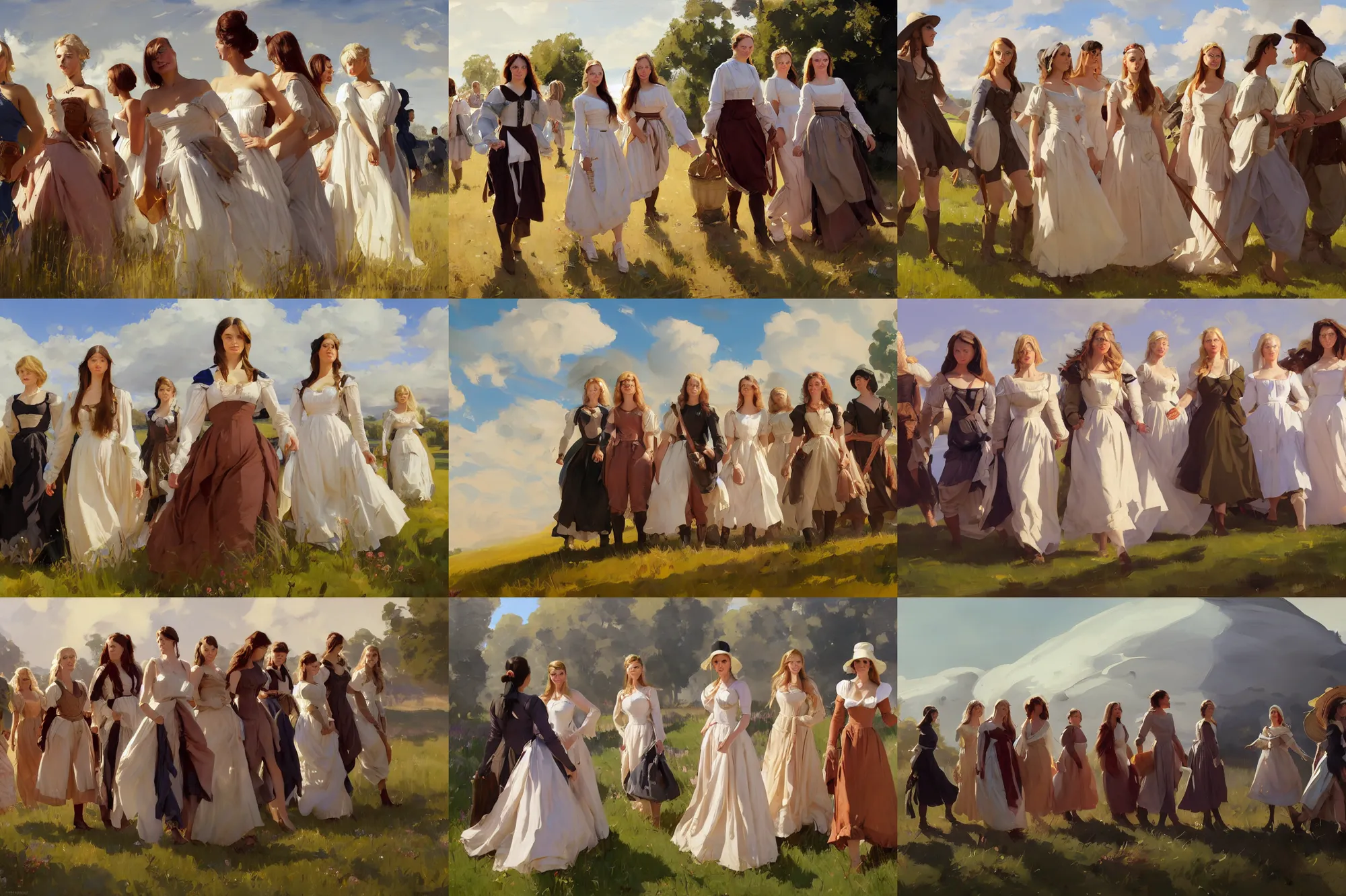 Prompt: group of beautiful finnish norwegian swedish scandinavian attractive glamour models wearing 1 7 th century mantua with low neckline walking in the field in a sunny day, jodhpurs greg manchess painting by sargent and leyendecker, studio ghibli fantasy close - up shot asymmetrical intricate elegant matte painting illustration hearthstone, by greg rutkowski by greg tocchini by james gilleard