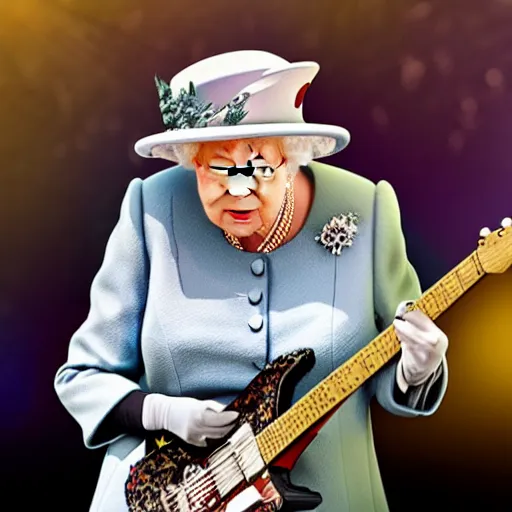 Image similar to Queen Elizabeth II rocking out on guitar, on stage at Coachella, performing a solo for the adoring crowd, photorealism