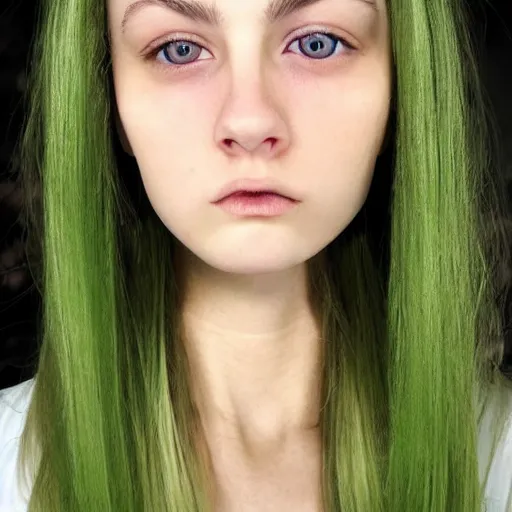 Prompt: brunette with long dyed blonde hair, 21 years old, 165 cm tall, 50% smaller nose, 30% smaller mouth, round shaped face, big forehead, lop eared, thin eyebrows, green colored eyes, real life photograph