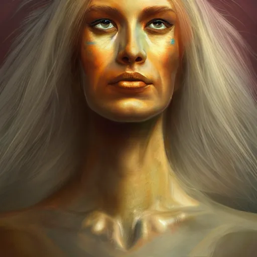 Image similar to A stunning portrait of a flame goddess by Jim Burns, fantasy, Trending on artstation.