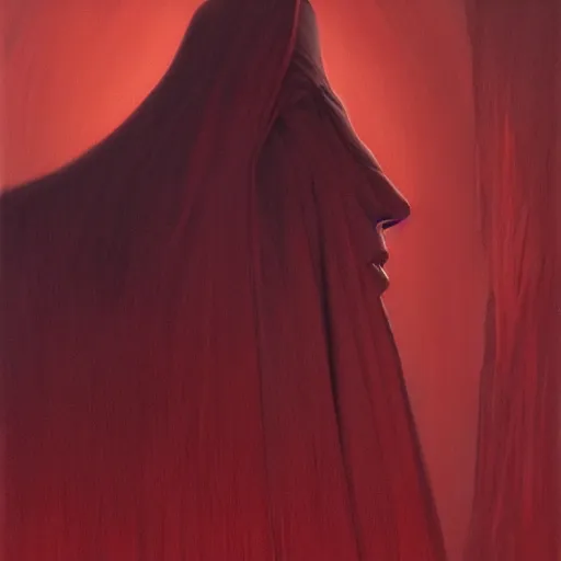 Prompt: cloaked in red, side profile, trending on artstation, 8 k, by gerard brom and zdzisław beksinski