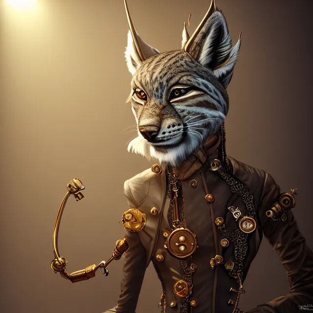 Prompt: the portrait of anthropomorphic lynx fursona wearing a steampunk suit as unimaginably beautiful, gorgeous, elegant, young lynx, an ultrafine hyperdetailed illustration by furaffinity, intricate linework, white fur, unreal engine 5 highly rendered, global illumination, radiant light, detailed and intricate environment