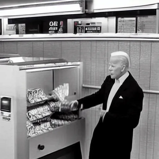 Prompt: joe biden robbing mcdonald ’ s at 3 am, cctv footage, hyper detailed