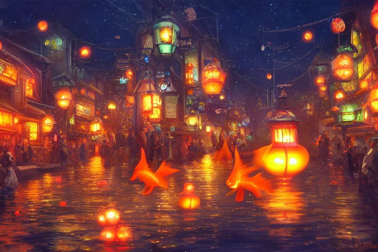 Prompt: fantasy art of glowing goldfish swimming in the air, in the streets of a japanese town at night, with people watching in wonder and pointing, by ralph horsley, highly detailed digital art, trending on artstation