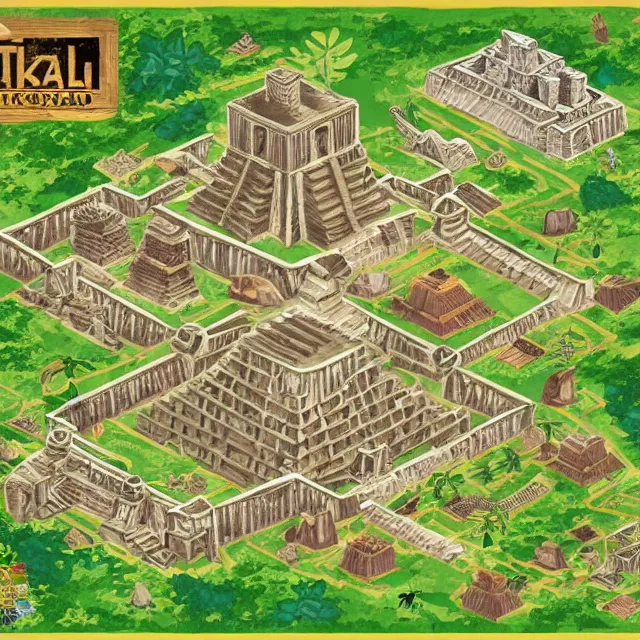 Prompt: an isometric game map of Tikal, Lost World Pyramid, Tikal Temple IV, Maya Temples