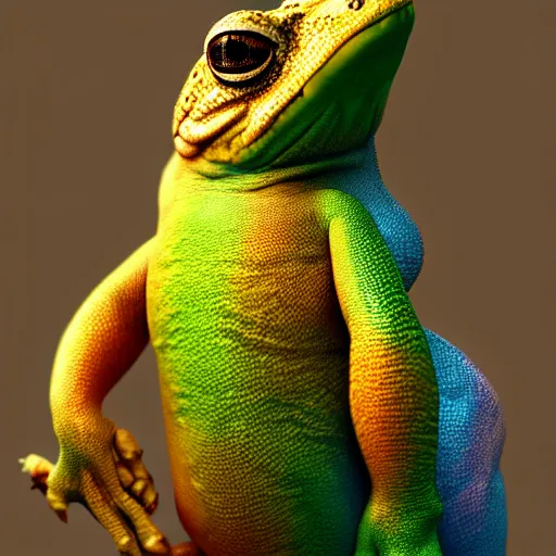 Prompt: three animals,trio, toad with wings front view holding a hand rainbow reptile front view holding hand golden lizard front view, trio, artstation, concept art, master illustration, details, good clear quality, fun - w 704