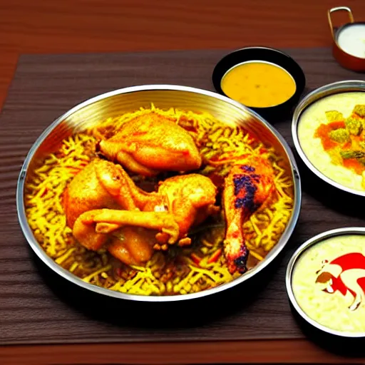 Image similar to A South Indian college student is eating chicken biryani in an Andhra mess, highly detailed, photorealistic, 4k
