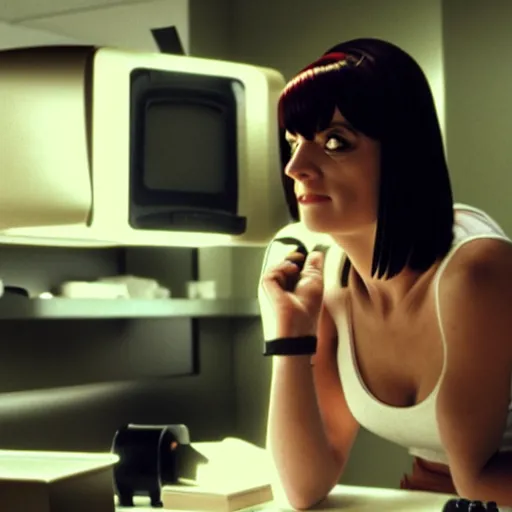 Image similar to movie still of cyborg mia wallace, cinematic composition, cinematic light, criterion collection, by edgar wright