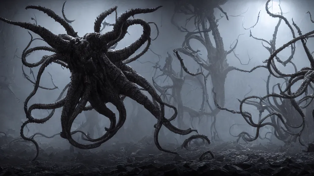 Prompt: Shub-Niggurath, horror, eldritch, 8K, concept art, DSLR, filmic, HDR, hyperrealism, Unreal Engine, volumetric lighting, Darkart