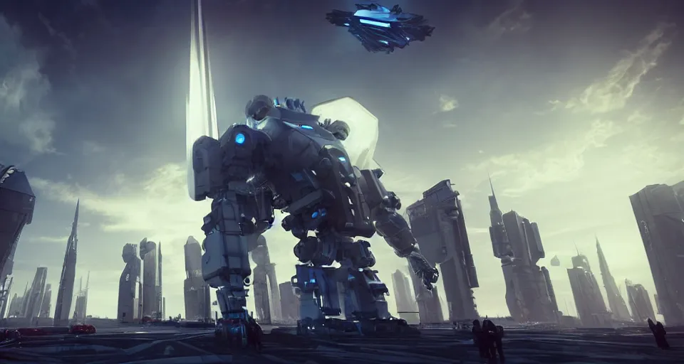 Prompt: a photo of monolithic mech reaching through the clouds towering over astronauts in a futuristic city, ultra realistic, hyper - detailed, unreal engine, raytraced lighting,