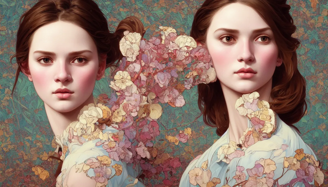 Image similar to excellent painted portrait of pretty girl with upturned nose, high quality masterpiece painted, patterned background by james jean, 4 k, trending on artstation, octane render, art by james jean and artgerm and greg rutkowski and alphonse mucha and craig mullins and james jean and andrei riabovitchev and marc simonetti and peter mohrbacher