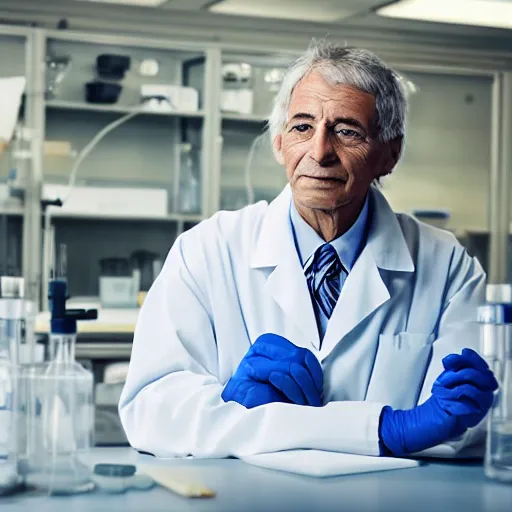 Image similar to portrait of a man standing in his lab, the face of the man is old an trustworthy, there's a calm satisfaction to his look