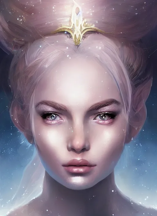 Prompt: face portrait of a moon princess with shimmering hair and eyes, digital illustration, trending on artstation, deviantart, artgerm, epic composition, masterpiece, highly detailed, perfect face, realistic face, wlop, ross draws