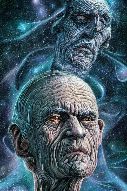 Image similar to the look of an elderly person full of wrinkles and imperfections by artgem and les edwards, highly detailed, high contrast, light reflection, trippy, nebula, trending on artstation