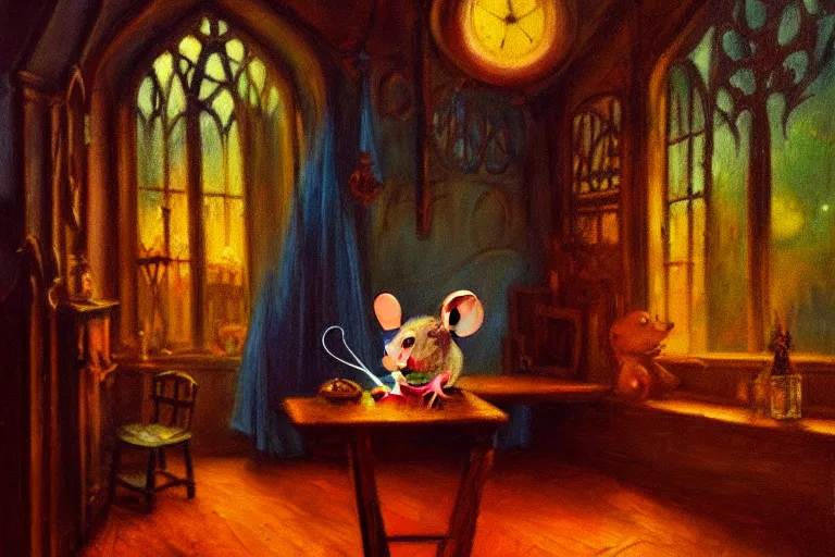 Image similar to A mouse in a Gothic atelier, oil painting, detailed, colorful, glowing lighting, 4k, dimly lit, in the style of vintage Disney,