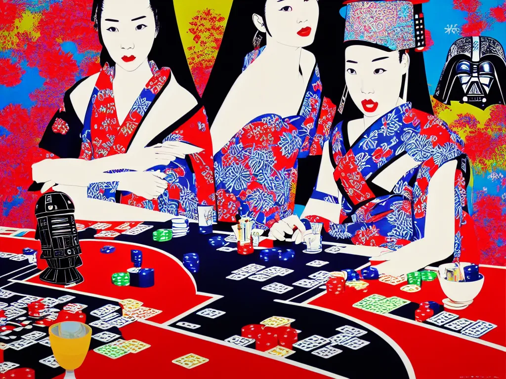 Image similar to hyperrealistic composition of the detailed woman in a japanese kimono sitting at a poker table with detailed darth vader and r 2 d 2, fireworks, mount fuji on the background, pop - art style, jacky tsai style, andy warhol style, acrylic on canvas