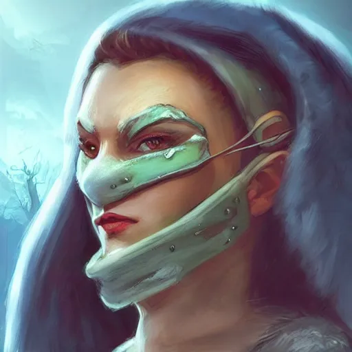 Image similar to “ fantasy, snow bandit ‘ icewind dale ’ with face mask, ice gem, ‘ icewind dale 2 ’ profile portrait by ‘ justin sweet ’, soft focus, illustrated, oil paint, artstation ”