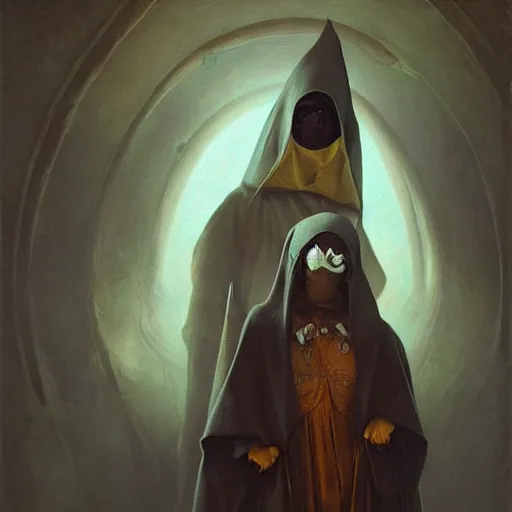 Prompt: hooded cultists wearing beautiful simple wooden masks, rembrandt, peter mohrbacher