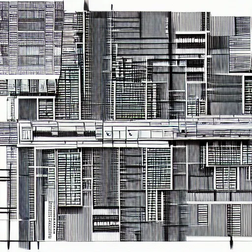 Prompt: exploded axon schematic drawing of a typical city block, in drawing style of peter eisenman