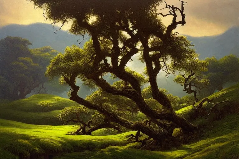 Prompt: masterpiece painting of oak trees on a hillside overlooking a creek, dramatic lighting, by john howe