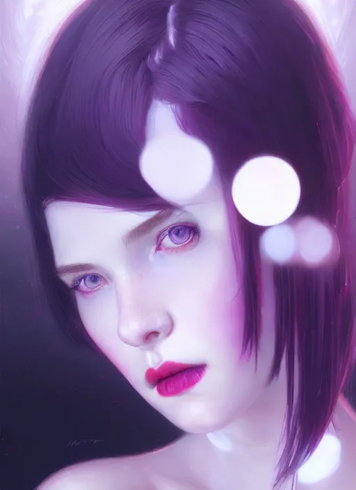 Image similar to portrait of pale teenage girl, red irises, black hair, white bangs, purple lipstick, intricate, elegant, glowing lights, highly detailed, digital painting, artstation, concept art, smooth, sharp focus, illustration, art by wlop, mars ravelo and greg rutkowski