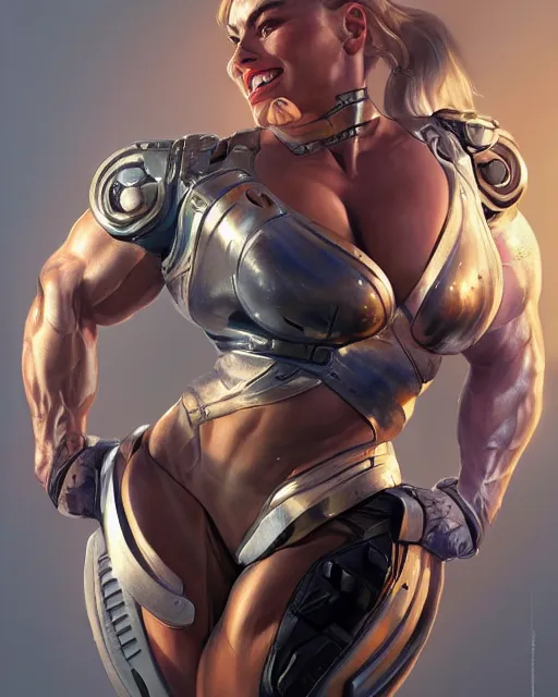 Image similar to full figure ultra realistic illustration, margot robbie as thick female bodybuilder cyborg zarya from overwatch smiling with closed eyes, intricate, elegant, highly detailed, digital painting, artstation, concept art, smooth, sharp focus, illustration, art by artgerm and greg rutkowski and alphonse mucha