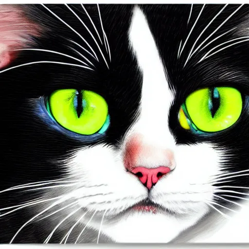 Image similar to a portrait of a beautiful black and white cat in space wearing a tuxedo with colorful bright green eyes, medium shot, hd, 8k, hyper-realism, detailed,