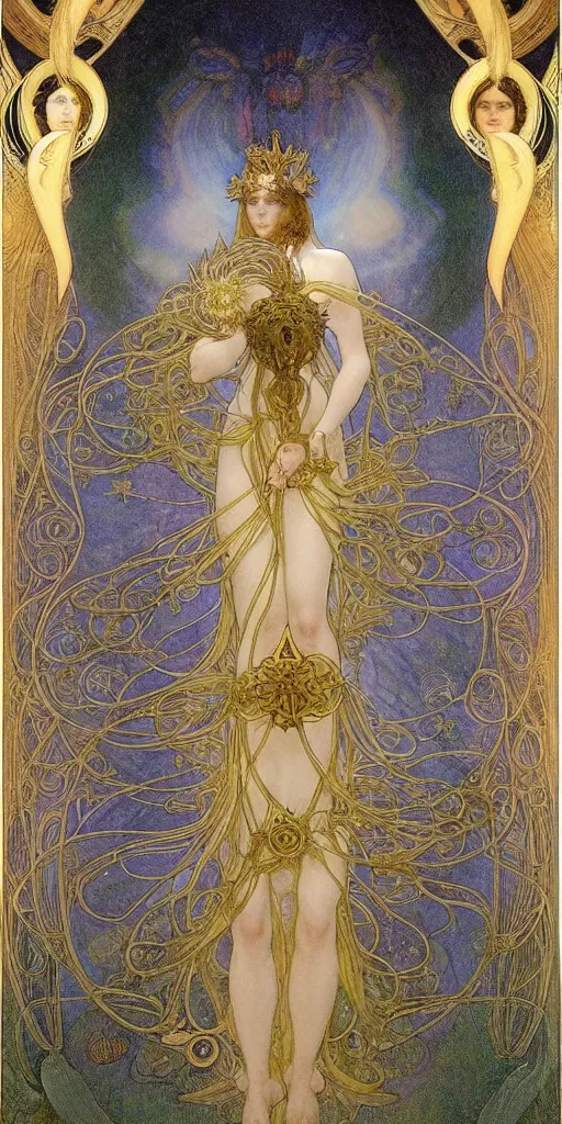 Prompt: saint woman, venus, athena, halo, queen, by alphons mucha and annie swynnerton and jean delville, strong dramatic cinematic lighting, ornate headdress, flowing robes, spines, flowers, stars, lost civilizations, smooth, sharp focus, extremely detailed, marble, gold, space