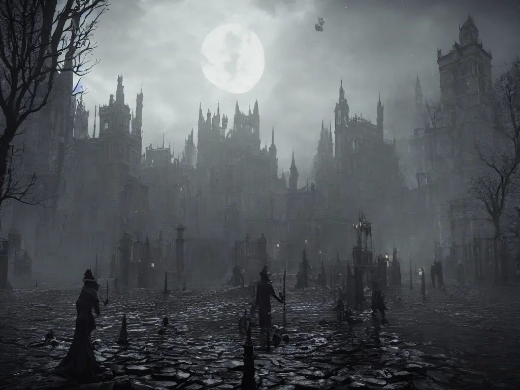 Image similar to bloodborne 2, dark, nighttime, victorian england style, horror, grotesque, serene, haunting, heavy atmosphere, claustrophobic, insanity, High Definition detail, 8K