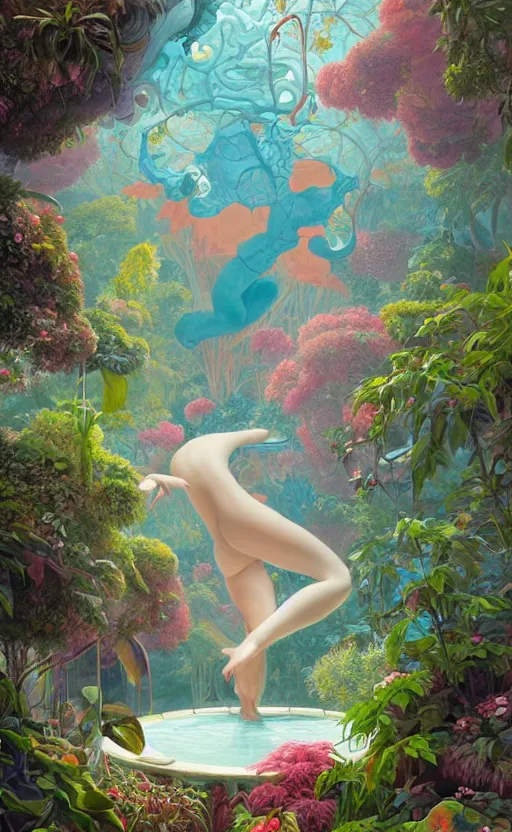 Image similar to a secret garden with a big pool, very coherent, painted by gil elvgren, wayne barlowe, painted by james gilleard, airbrush, art by james jean, surrealist art, houdini algorithmic generative art