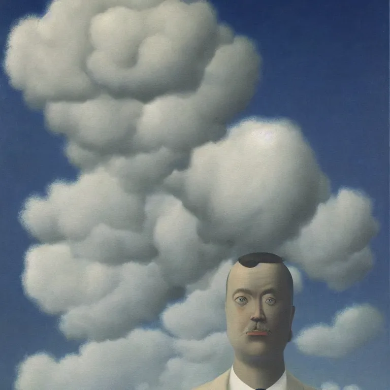 Image similar to portrait of a cloud faced man, by rene magritte, centered, detailed painting, hd, hq, high resolution, high detail, 4 k, 8 k