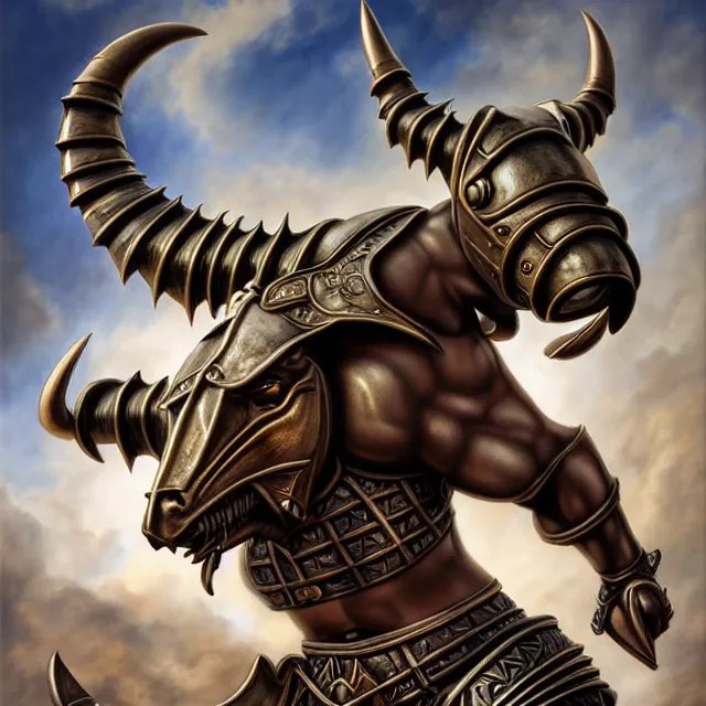 Image similar to armoured minotaur warrior artgerm anne stokes highly detailed 8 k hdr smooth sharp focus high resolution award - winning photo photorealistic