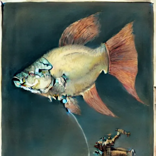 Prompt: ( ( ( ( ( mechanical fish. muted colors. ) ) ) ) ) by jean - baptiste monge!!!!!!!!!!!!!!!!!!!!!!!!!!!