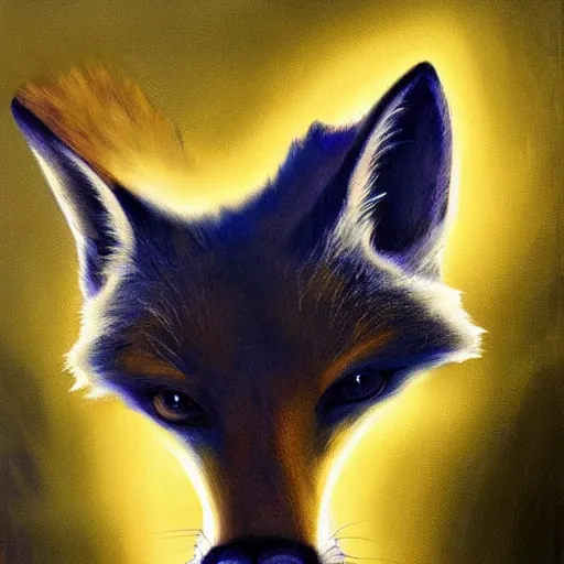 Prompt: A portrait of a surreal fox with glowing blue eyes, focused, soft lighting, spooky painting by Alexander Jannson