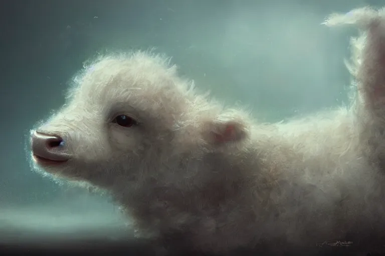 Image similar to cute fluffy calf by jean - baptiste monge, high quality, high resolution, 4 k, painted by cgsociety, rutkowski, gurney with ambient lighting, concept art, detailed, smooth, dynamic volumetric cinematic lighting, octane, raytrace