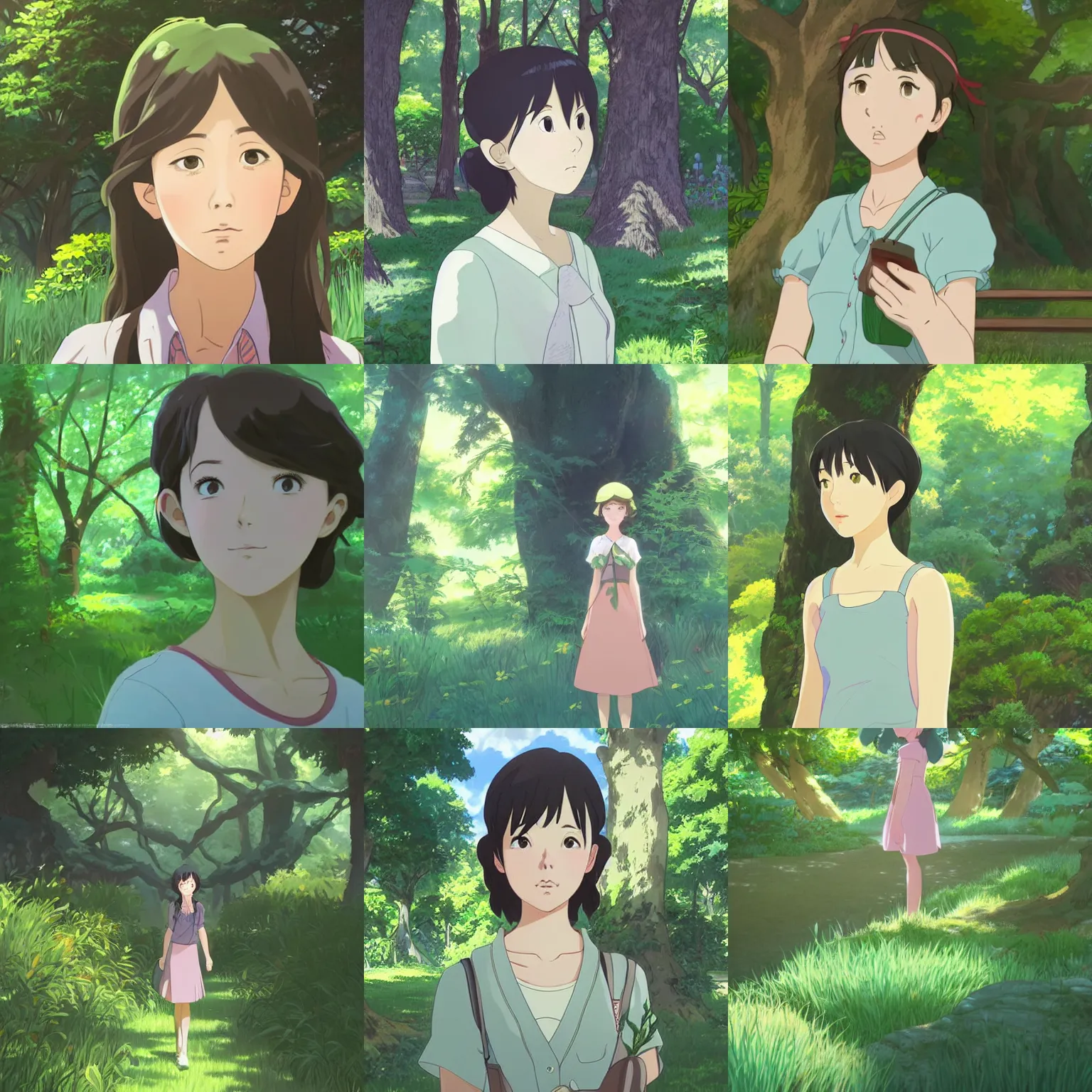 Prompt: Character portrait of a young woman in a lush park, simple facial features, expressive eyes, highly detailed, cel shading, Studio Ghibli still, by Makoto Shinkai and Akihiko Yoshida