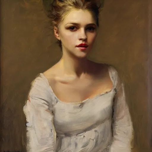 Prompt: portrait of beauty oksana grishko by repin, blonde, gray eyes, oil on canvas