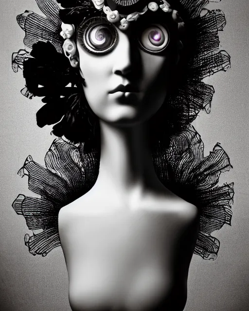 Image similar to black and white dreamy foggy profile face portrait, one steampunk eye biomechanical beautiful young female cyclope - cyborg - robot bust, body ribs meshes,, volumetric light, hibiscus flowers, by hg giger, rim light, by dora maar and cecile beaton, big gothic fashion pearl embroidered collar, 8 k