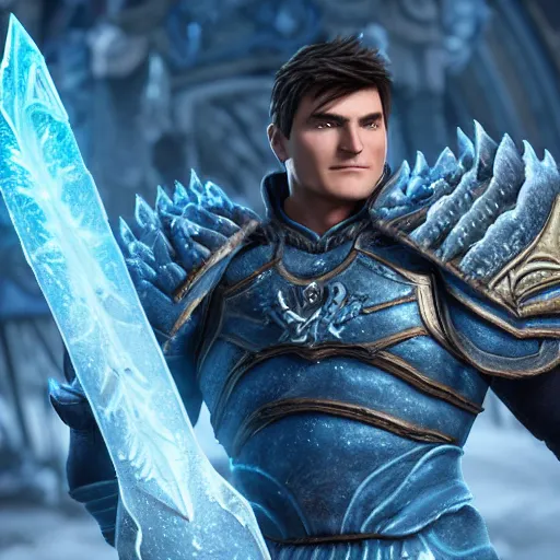 Image similar to 4 k unreal engine render of garen wearing frozen lich king's armor with frostmourne ultra details full body digital art