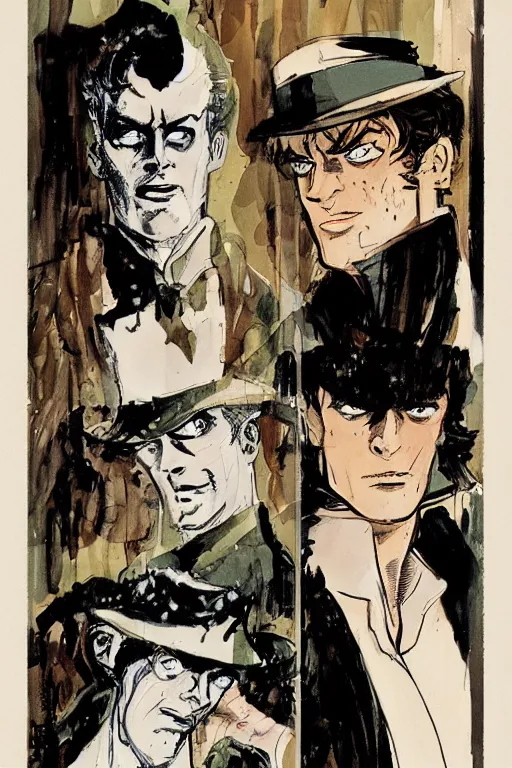 Image similar to sandman dream and corto maltese staring at each other, close up, portraits, comic book cover, art by hugo pratt