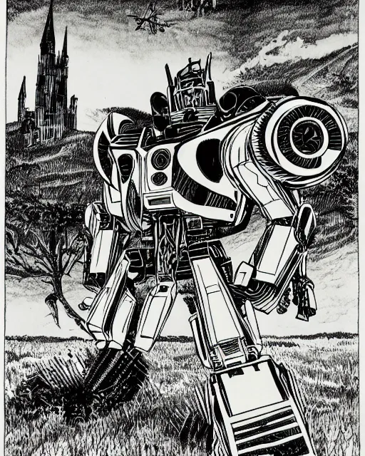 Image similar to an illustration of the autobot bumblebee,, full body, standing in a field, castle in the background, pen-and-ink illustration, etching, by Russ Nicholson, DAvid A Trampier, larry elmore, 1981, HQ scan, intricate details