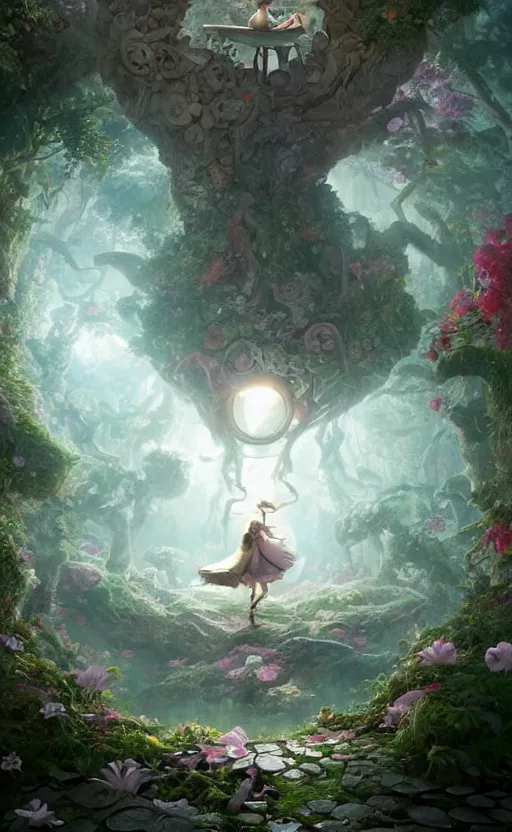 Image similar to alice in wonderland looking into a portal hopping and time warping with reckless abandon, masterpiece digital painting by Greg Rutkowski, Alex Grey, artstation, 4k wallpaper