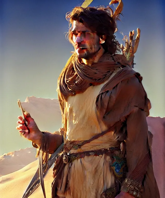 Image similar to An adventurer in the desert with the power of foresight, handsome young face, medium straight hair, fantasy, intricate, elegant, highly detailed, digital painting, artstation, concept art, smooth, sharp focus, illustration, art by artgerm and greg rutkowski and alphonse mucha