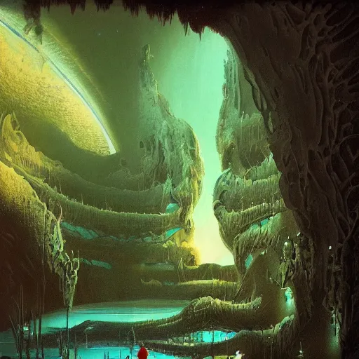 Prompt: a beautiful matte painting of alien luminous pool resin by Dean Ellis, award winning, atmospheric, epic and stunning, intricate details, sense of awe, anthropomorphic, featured on artstation