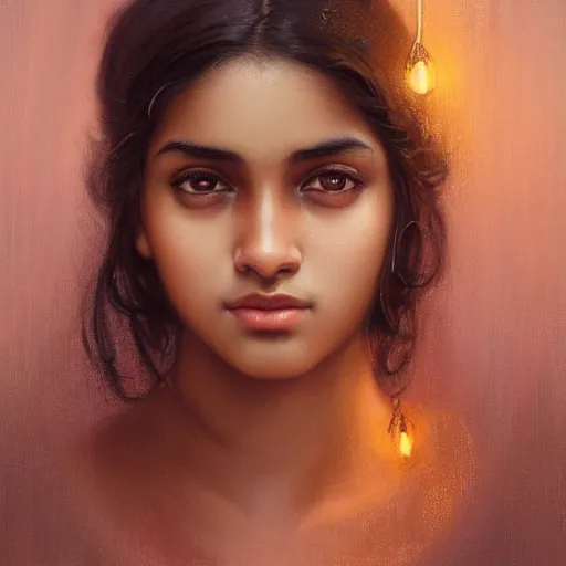 Image similar to portrait of a british-indian teenage girl with wavy black hair, desi girl with dark brown skin, glowing skin, fantasy, intricate, elegant, dress shirt, highly detailed, digital painting, artstation, concept art, smooth, sharp focus, illustration, art by Krenz Cushart and Artem Demura and alphonse mucha