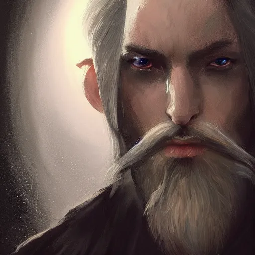 Image similar to Dark Fantasy portrait painting of an elf man with a goatee beard, cgsociety, trending on artstation