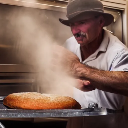 Image similar to closeup portrait of a baker fighting bread that's trying to escape from the oven, by Steve McCurry and David Lazar, natural light, detailed face, CANON Eos C300, ƒ1.8, 35mm, 8K, medium-format print